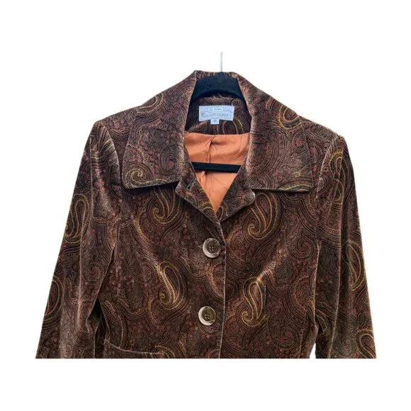 Elliott Lauren Womens Paisley Velveteen Blazer Jacket Size 10 Cotton Front Brown - Picture 2 of 6